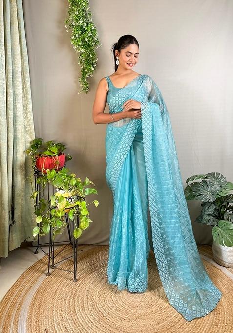 Sky Blue Embroidered Woven Saree Set