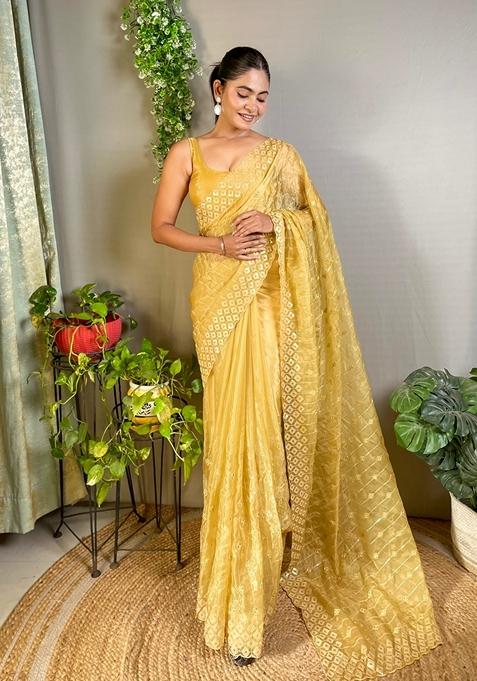 Yellow Embroidered Woven Saree Set