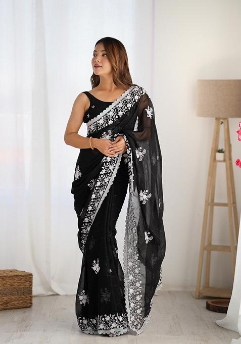 Black Embroidered Woven Saree Set