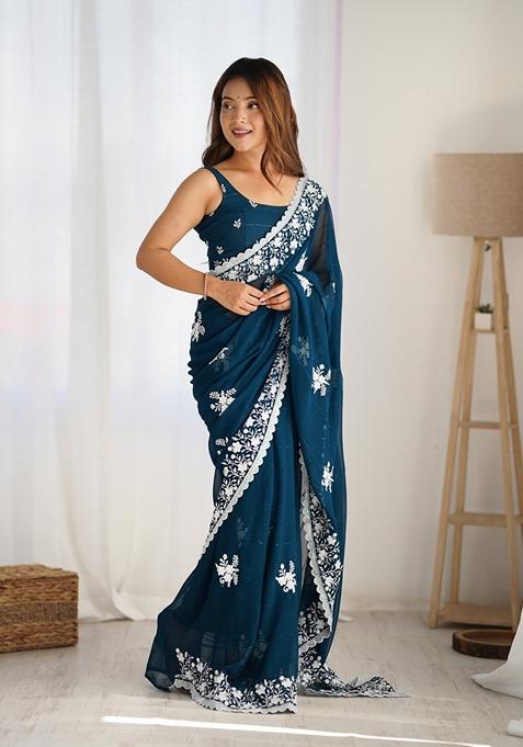 Teal Embroidered Woven Saree Set