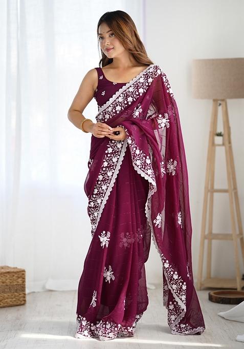 Wine Embroidered Woven Saree Set