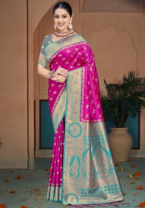 Pink Jacquard Woven Saree Set