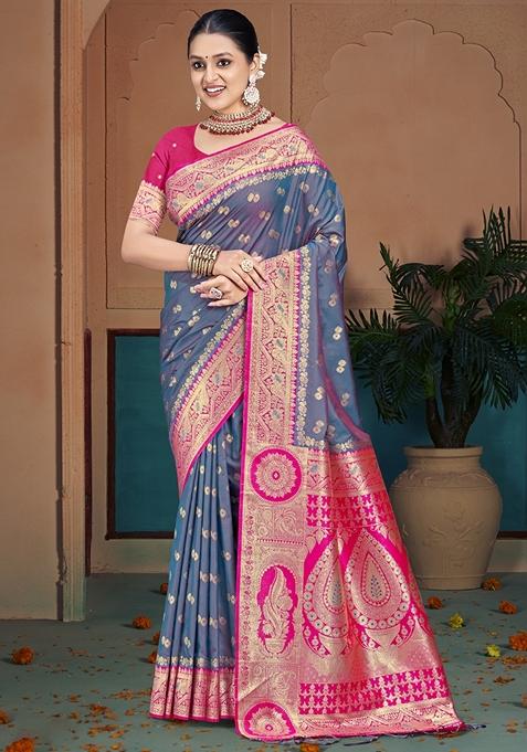 Grey Jacquard Woven Saree Set