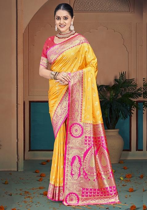 Yellow Jacquard Woven Saree Set