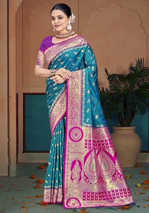 Blue Jacquard Woven Saree Set