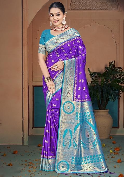 Purple Jacquard Woven Saree Set