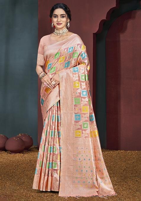 Pink Jacquard Woven Saree Set