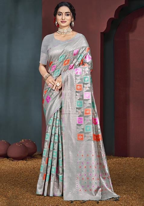 Grey Jacquard Woven Saree Set