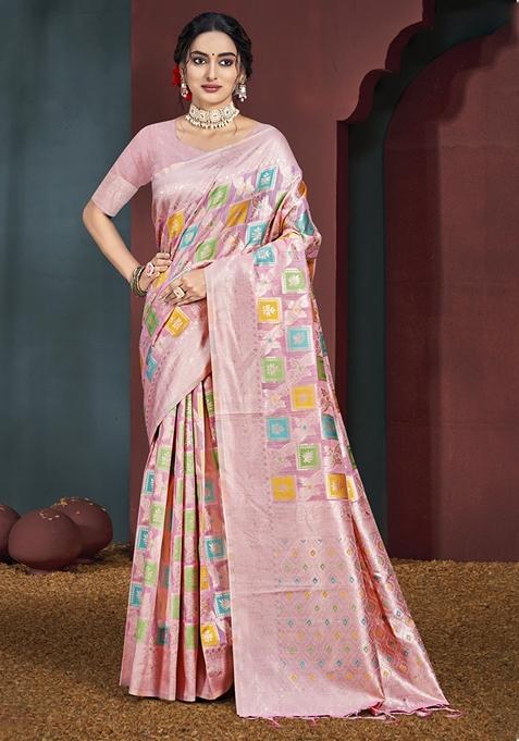 Pink Jacquard Woven Saree Set