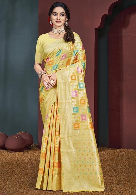 Yellow Jacquard Woven Saree Set