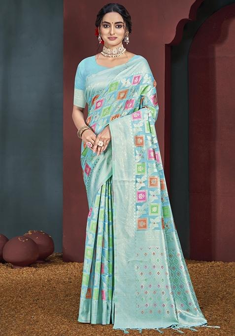 Blue Jacquard Woven Saree Set