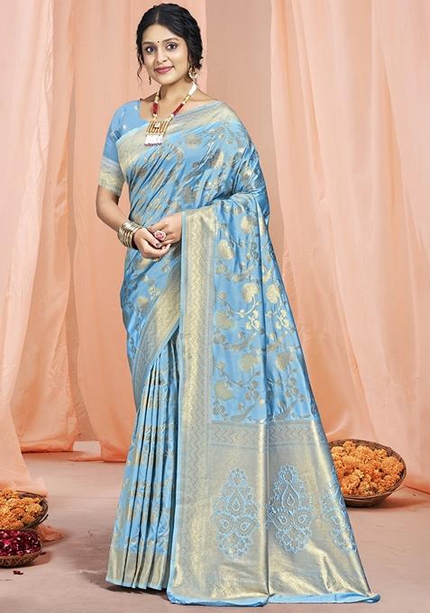 Blue Jacquard Woven Saree Set