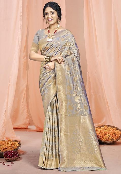 Grey Jacquard Woven Saree Set