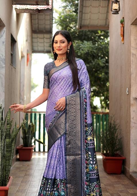 Purple Printed Woven Saree Set