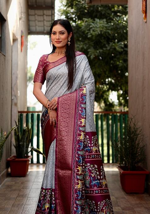 Grey Printed Woven Saree Set