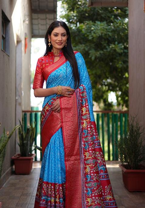 Blue Printed Woven Saree Set