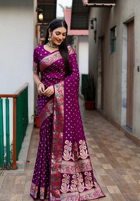 Purple Bandhej Work Woven Saree Set