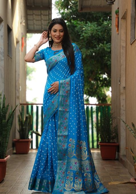 Blue Bandhej Work Woven Saree Set