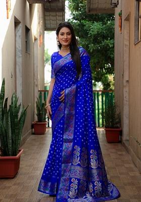 Royal Blue Bandhej Work Woven Saree Set