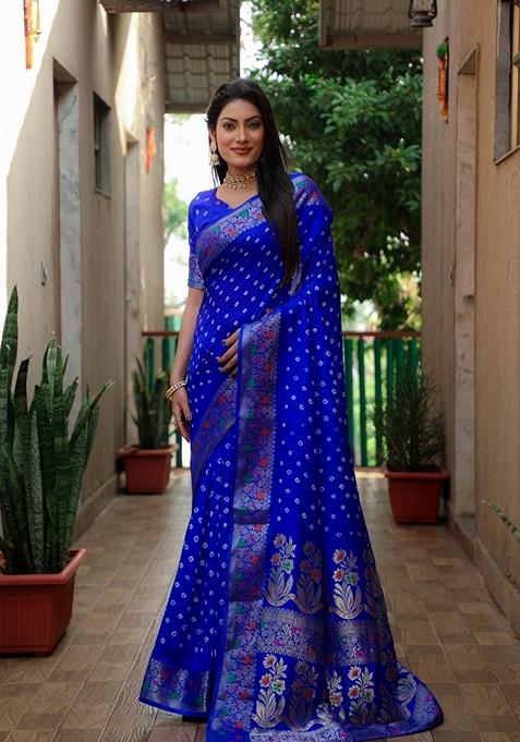 Royal Blue Bandhej Work Woven Saree Set