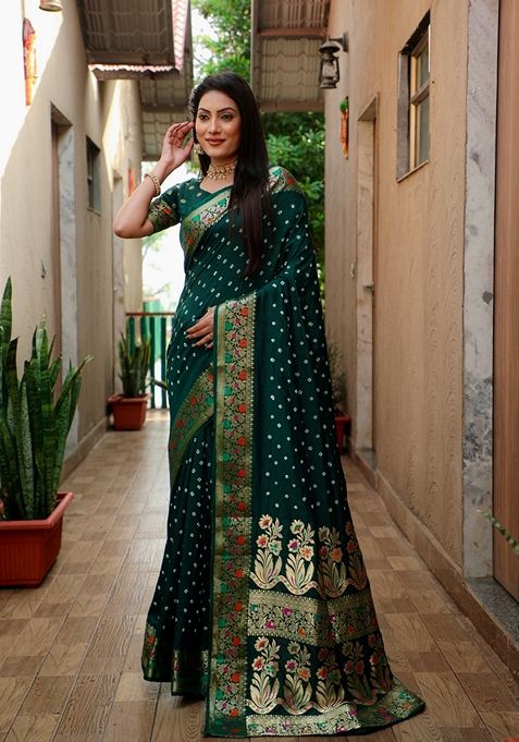 Green Bandhej Work Woven Saree Set