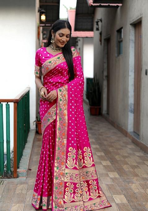 Pink Bandhej Work Woven Saree Set