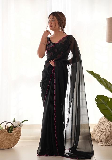 Black Embroidered Woven Saree Set