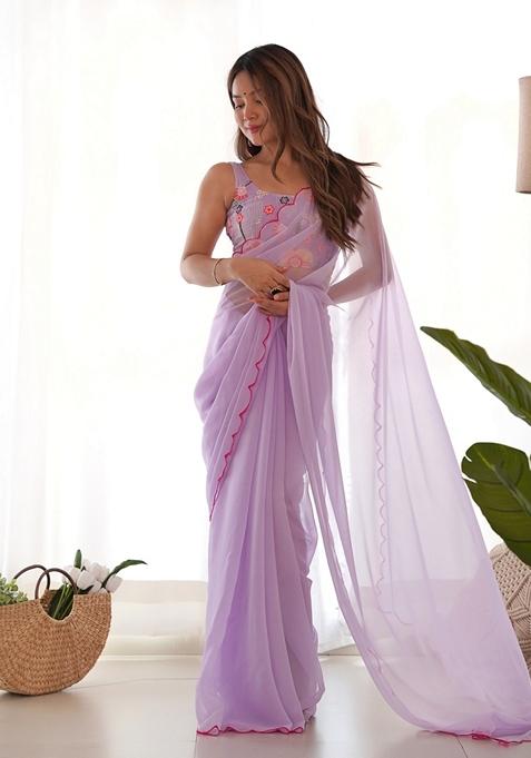 Lavender Embroidered Woven Saree Set