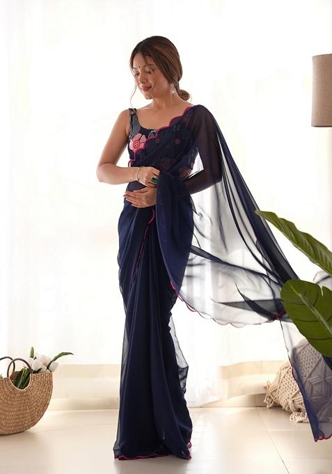 Navy Blue Embroidered Woven Saree Set