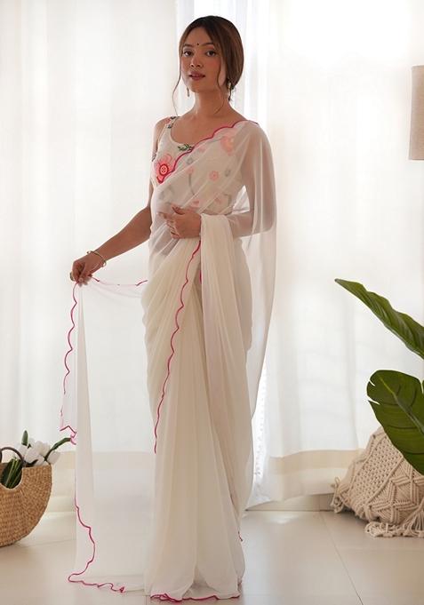 Off White Embroidered Woven Saree Set