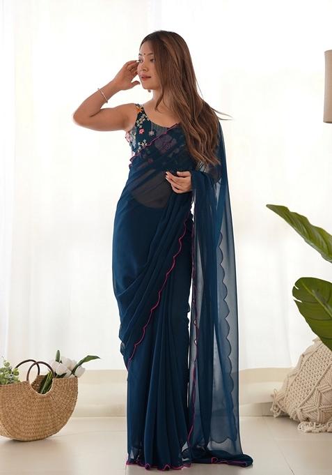 Teal Embroidered Woven Saree Set