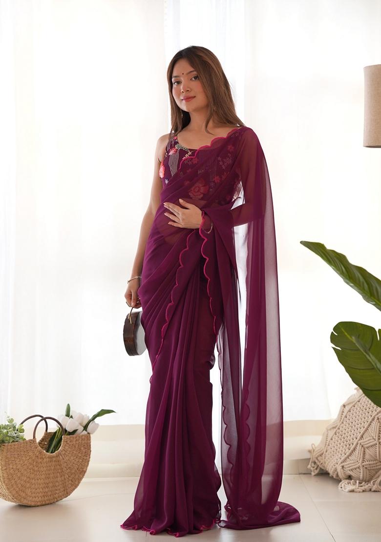 Wine Embroidered Woven Saree Set