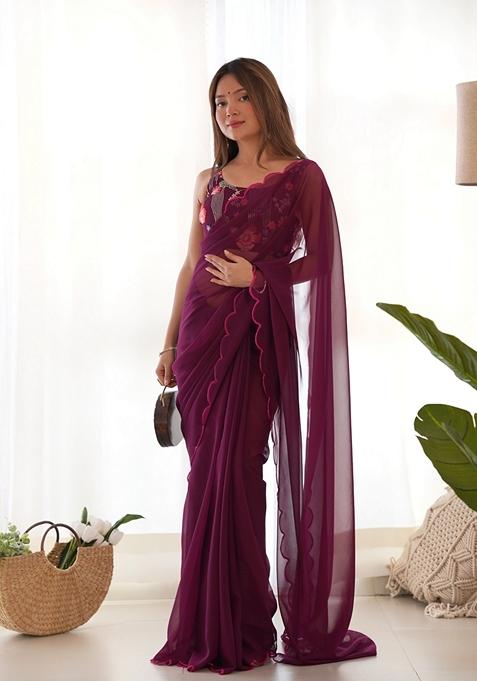 Wine Embroidered Woven Saree Set