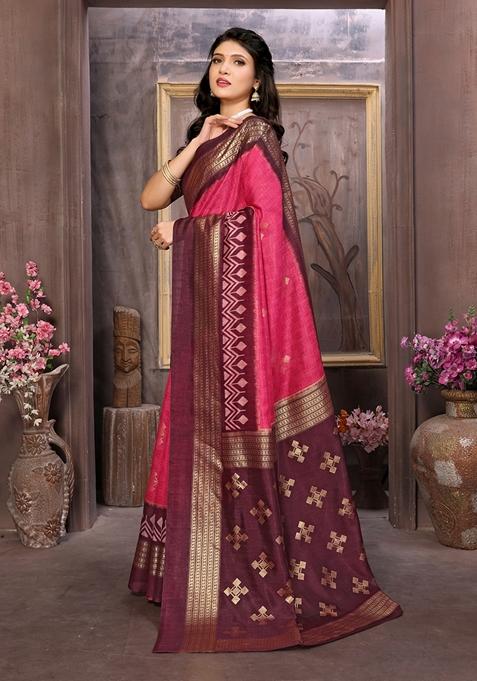 Pink Printed Woven Saree Set