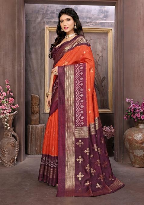 Orange Printed Woven Saree Set