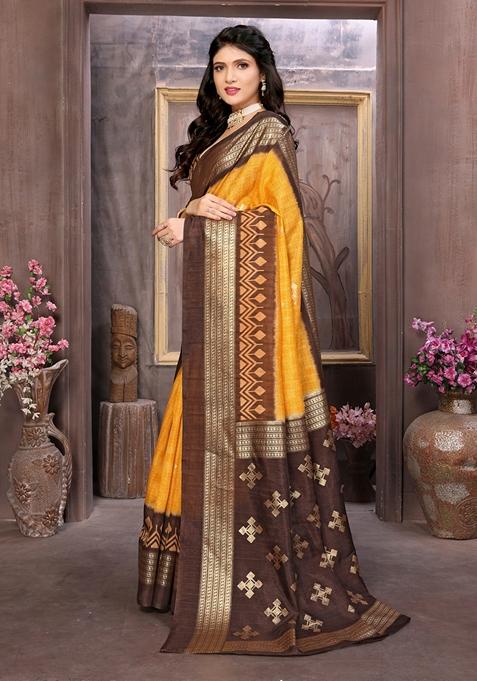 Golden Printed Woven Saree Set