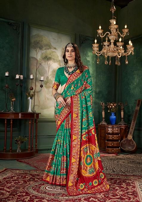 Sea Green Printed Woven Saree Set