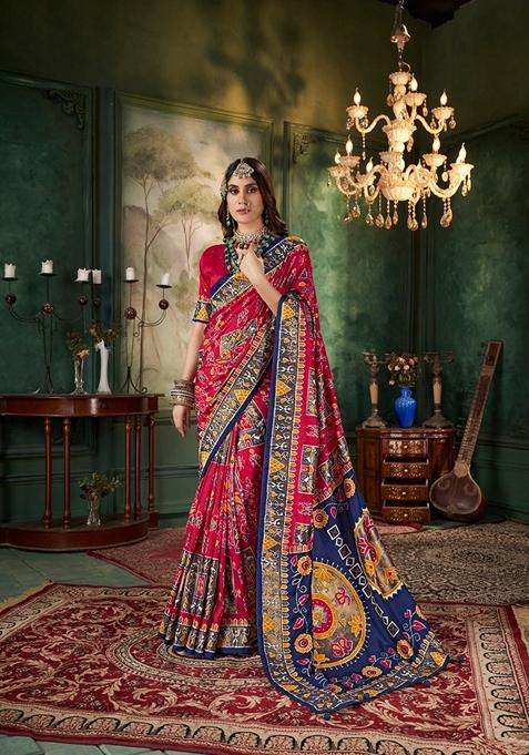 Blood Red Printed Woven Saree Set