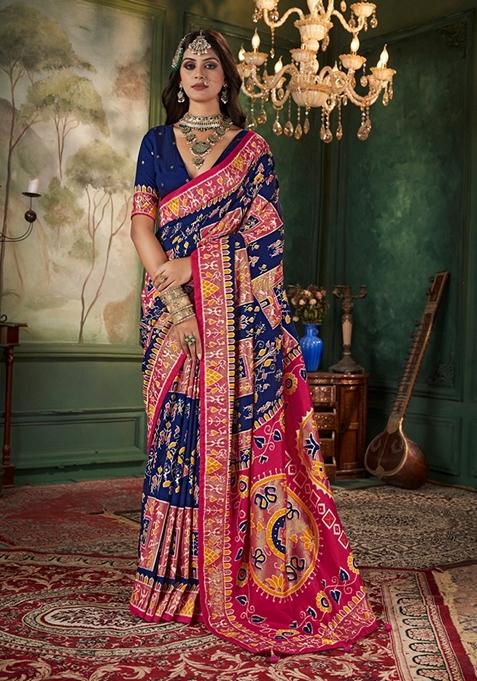 Dark Blue Printed Woven Saree Set