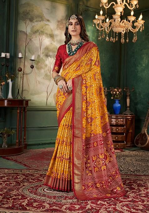 Mustard Printed Woven Saree Set