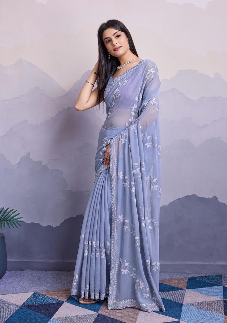 Blue Embroidered Woven Saree Set