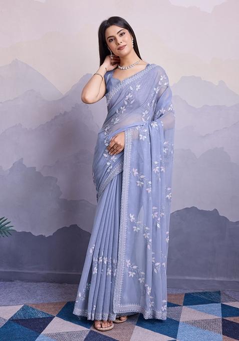 Blue Embroidered Woven Saree Set