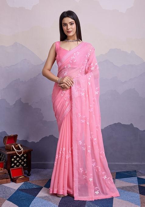 Pink Embroidered Woven Saree Set