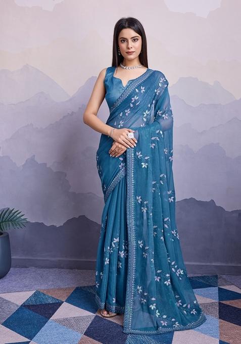 Cyan Embroidered Woven Saree Set