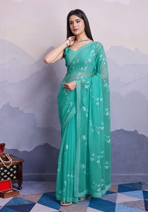 Sea Green Embroidered Woven Saree Set