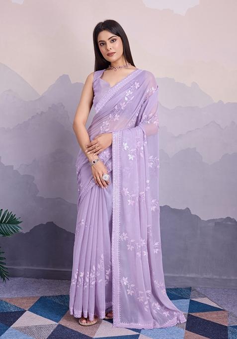 Lavender Embroidered Woven Saree Set