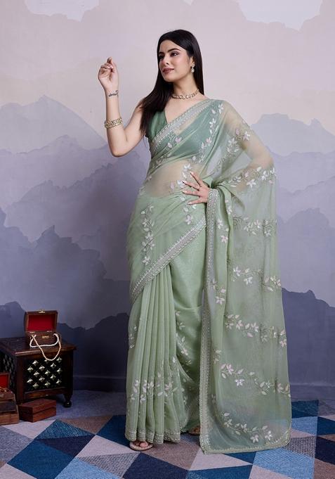 Green Embroidered Woven Saree Set