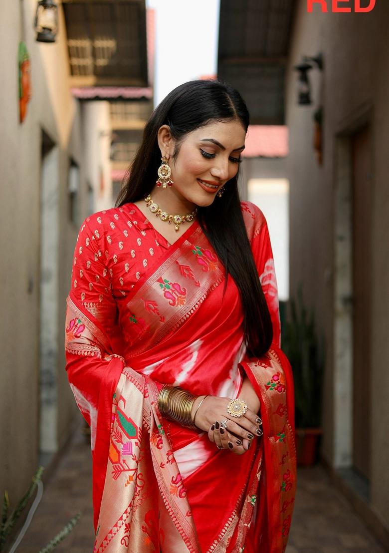 Red Printed Woven Saree Set
