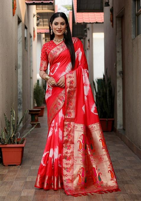 Red Printed Woven Saree Set