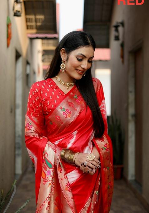 Red Printed Woven Saree Set